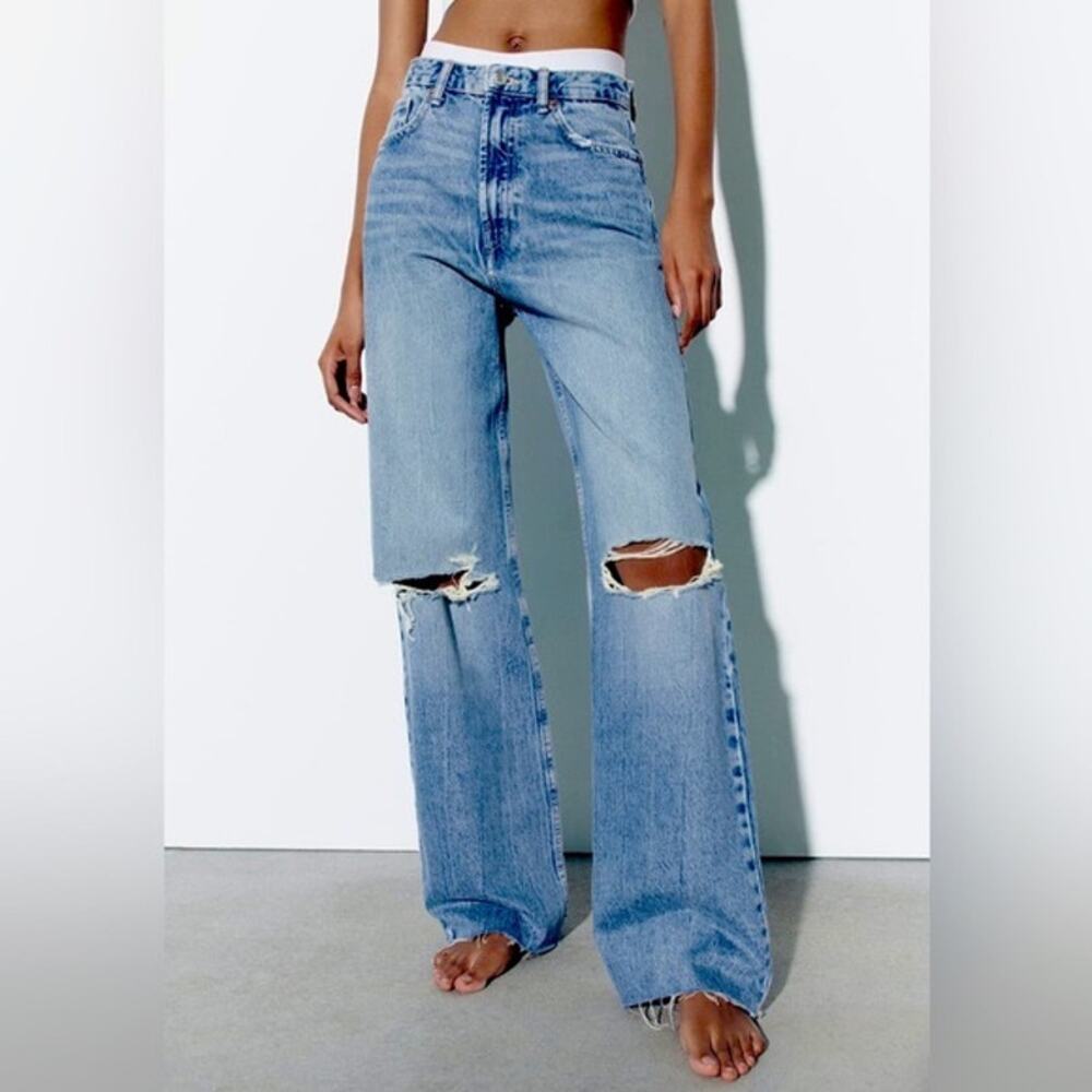 Zara Distressed Ripped High Rise Wide Leg Raw Hem Denim Blue Jeans Size 6